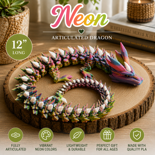 A 12-inch articulated neon-colored dragon toy made of PLA plastic, displayed on a round wood slice. The product features vibrant pink, blue, green, and yellow colors.