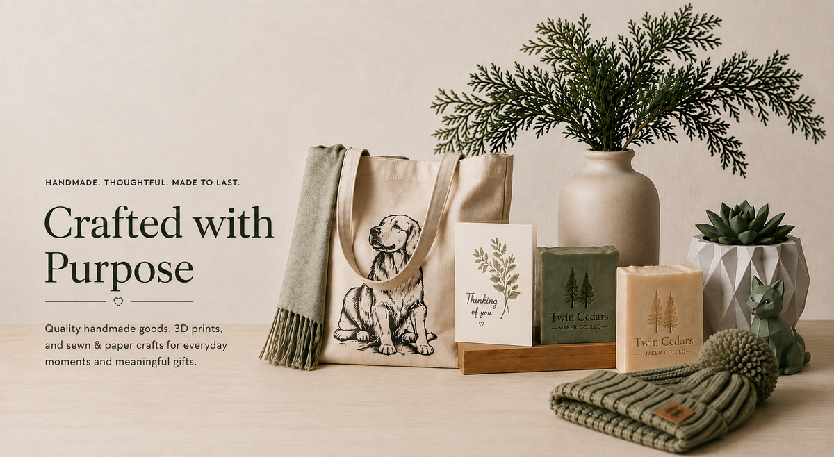A styled product display on a light wood surface against a warm beige wall, featuring a cream canvas tote bag with a dog illustration, aa knitted green scarf with fringe, a small card, two soap bars, a knit green hat, a 3d printed vase with evergreen branches, and a small succulent 3d printed vase. Text on the left reads 'Crafted with Purpose' with additional product copy.