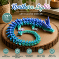 A 12-inch articulated dragon toy in a blue, teal, and purple gradient, displayed on a round wooden slice background with promotional text and feature icons.