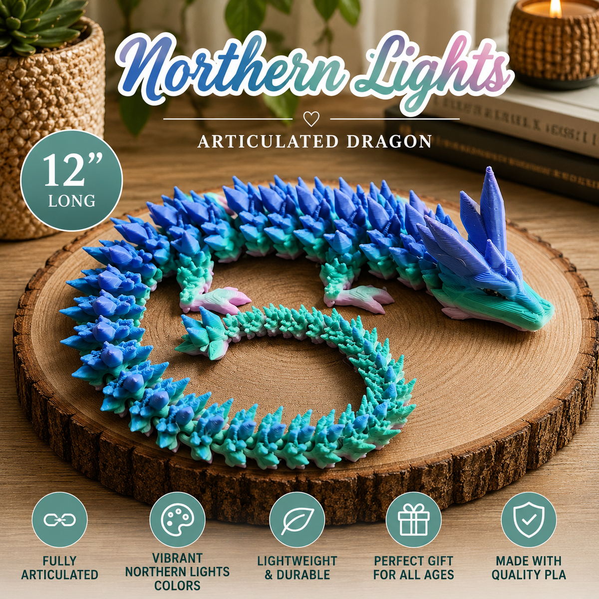 A 12-inch articulated dragon toy in a blue, teal, and purple gradient, displayed on a round wooden slice background with promotional text and feature icons.