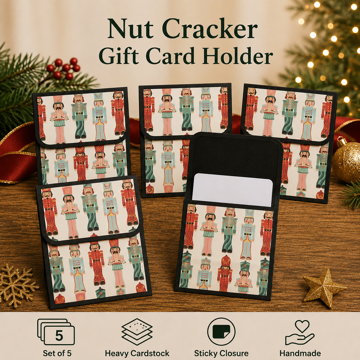 Five nut cracker-themed gift card holders arranged on a wooden surface with holiday decorations in the background. The holders feature a repeating nutcracker pattern in muted red, teal, green, and pink on a cream base, with one holder shown open to reveal a blank white card slot.