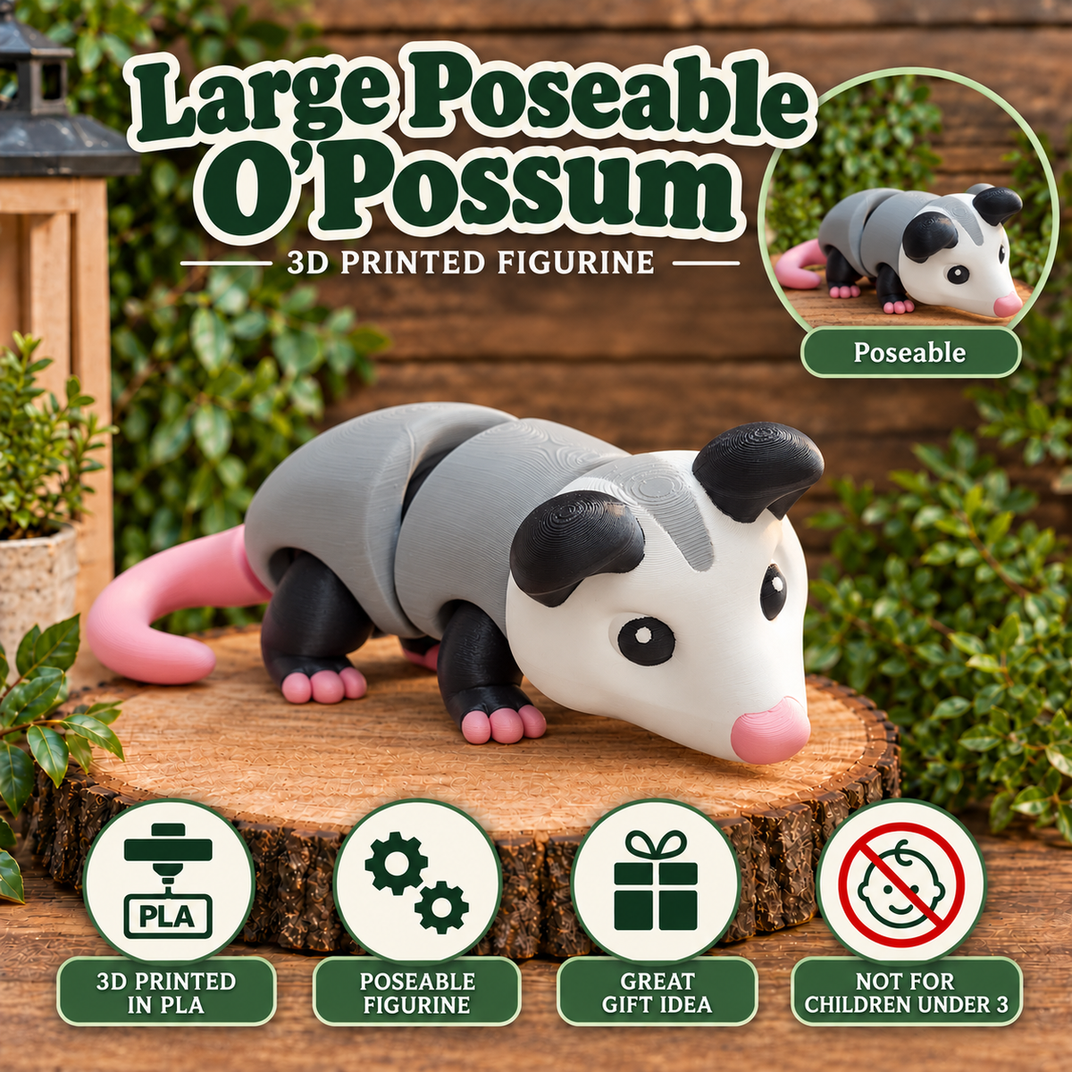 A large poseable 3D-printed opossum figurine shown on a wooden stump with decorative foliage and text overlays. The opossum has a gray body, black ears and legs, and pink tail and feet.