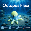 An underwater-themed product graphic for the Octopus Flexi toy. A small articulated octopus toy is centered on a sandy ocean floor, with large white text reading 'Octopus Flexi' at the top and four feature badges along the bottom: '3D PRINTED', 'PLA MATERIAL', 'ARTICULATED', and 'NOT SUITABLE FOR CHILDREN UNDER 3'.