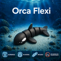 An underwater-themed product graphic showing a black articulated fish-shaped toy labeled 'Orca Flexi' on a sandy ocean floor. The image includes feature callouts at the bottom: 3D printed, PLA material, articulated, and not suitable for children under 3.