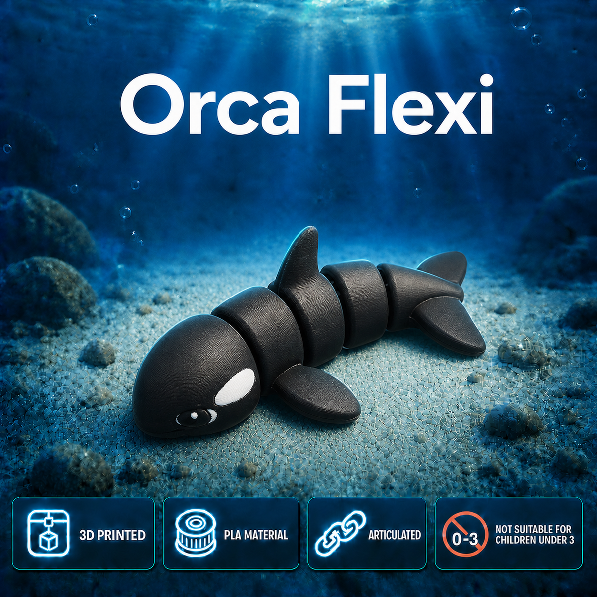 An underwater-themed product graphic showing a black articulated fish-shaped toy labeled 'Orca Flexi' on a sandy ocean floor. The image includes feature callouts at the bottom: 3D printed, PLA material, articulated, and not suitable for children under 3.