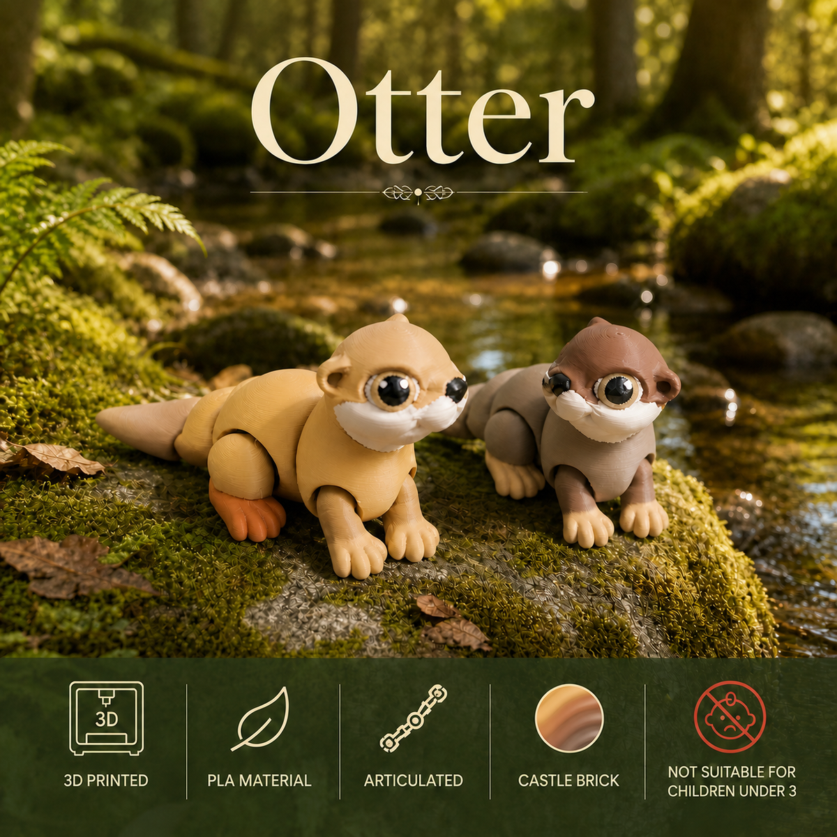 Two articulated toy otters made of castle brick are shown on a mossy rock by a stream in a forest setting, with the word 'Otter' at the top and feature icons along the bottom.