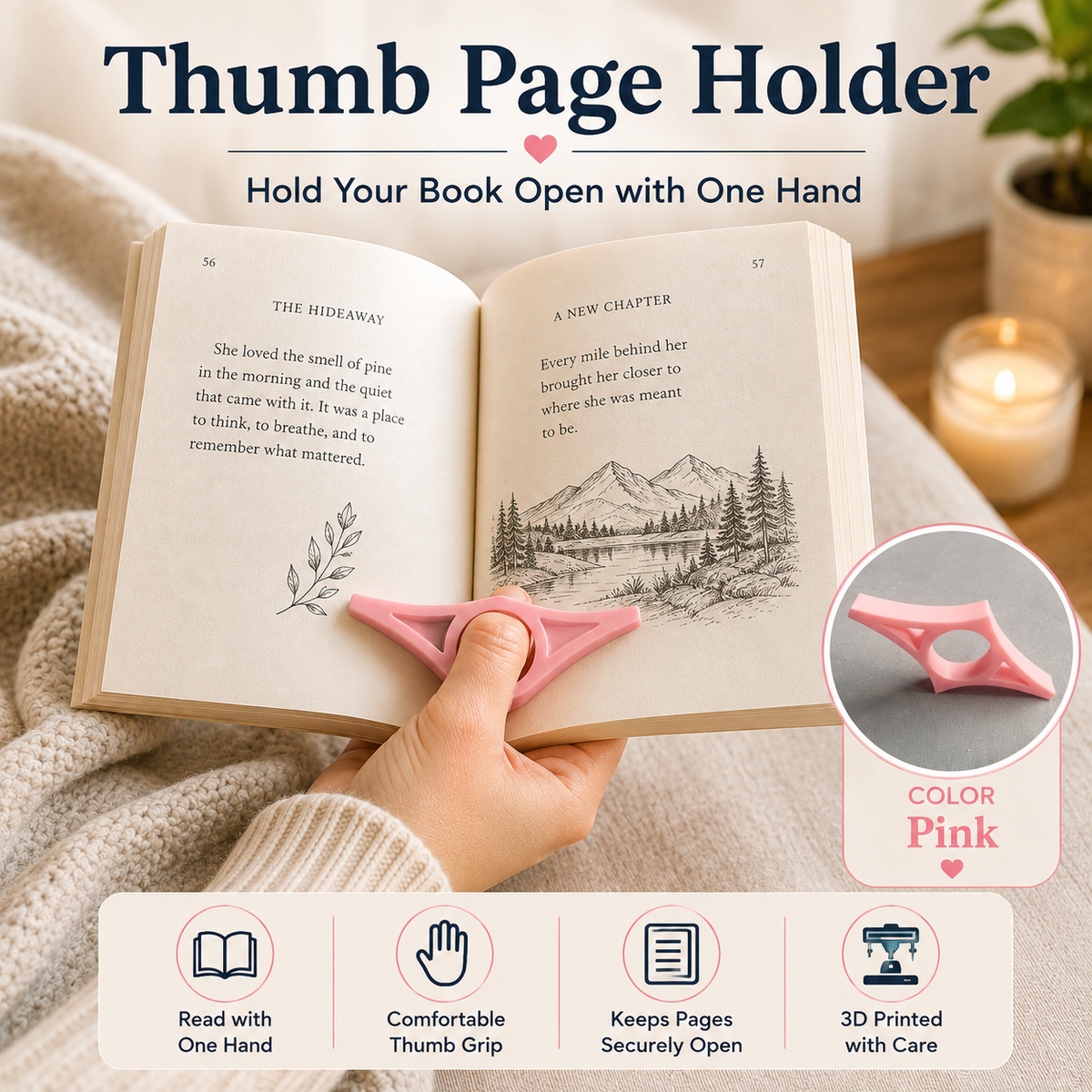 A pink thumb page holder shown being used to hold an open book with one hand, with promotional text and a circular inset showing the product color. The scene includes a cozy blanket background and a softly blurred indoor setting.