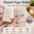A hand holds an open book with a pink and purple thumb page holder in the center. The image includes large text reading 'Thumb Page Holder' and 'Hold Your Book Open With One Hand,' plus a circular inset showing the holder's color and a feature banner at the bottom with icons for one-handed reading, comfort, page security, and 3D printing.