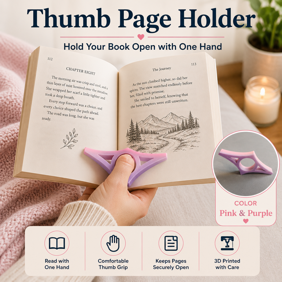 A hand holds an open book with a pink and purple thumb page holder in the center. The image includes large text reading 'Thumb Page Holder' and 'Hold Your Book Open With One Hand,' plus a circular inset showing the holder's color and a feature banner at the bottom with icons for one-handed reading, comfort, page security, and 3D printing.
