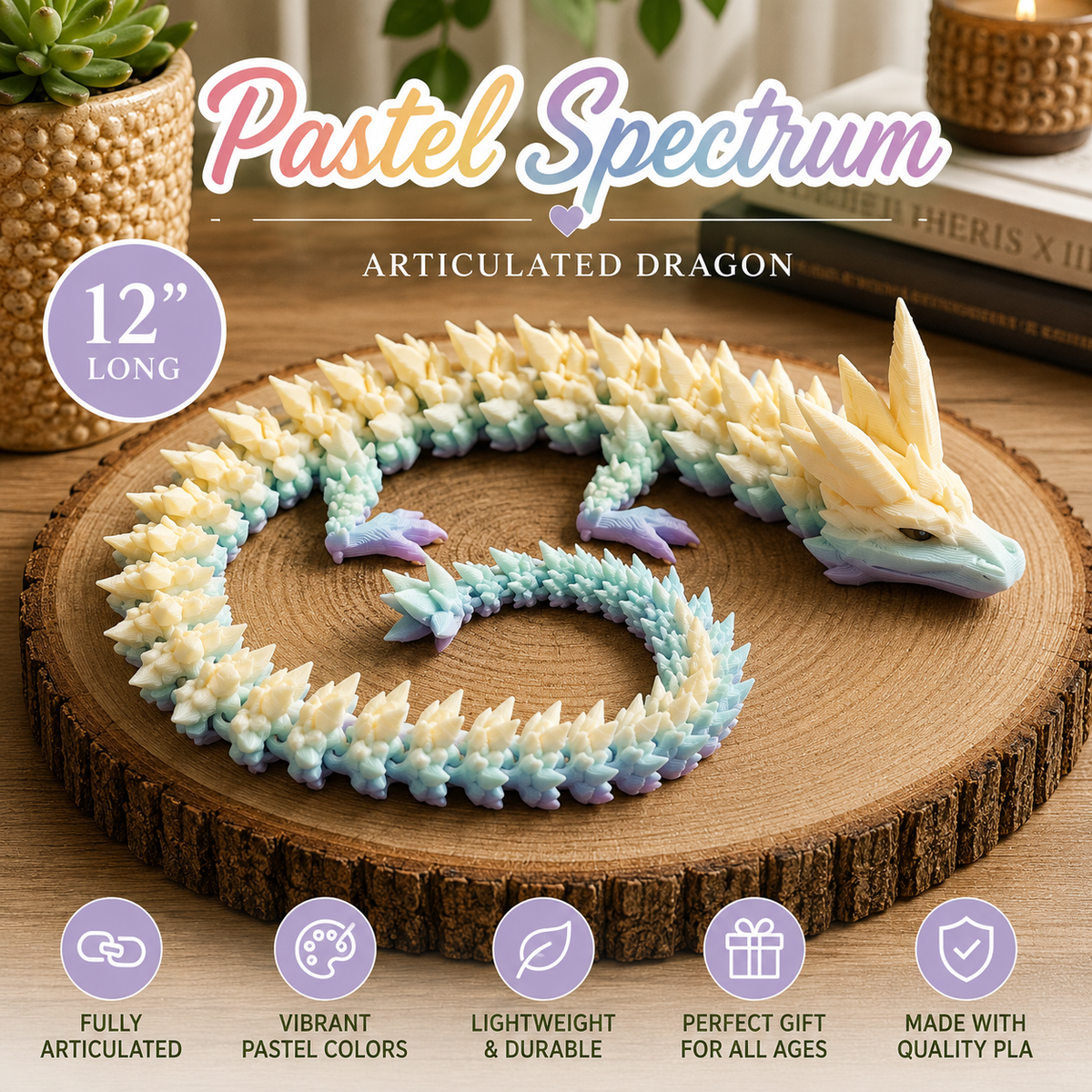 Pastel Spectrum articulated dragon figurine displayed on a round wood slice coaster, with decorative plants and books in the background. The dragon has a cream, light blue, and lavender gradient color scheme.