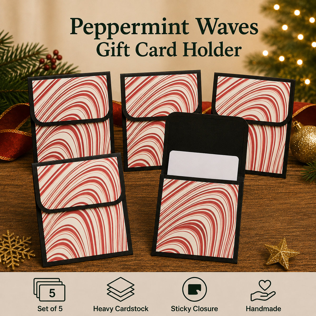 Five peppermint wave gift card holders arranged on a wooden surface with holiday decorations in the background. One holder is open, showing a blank white card slot.