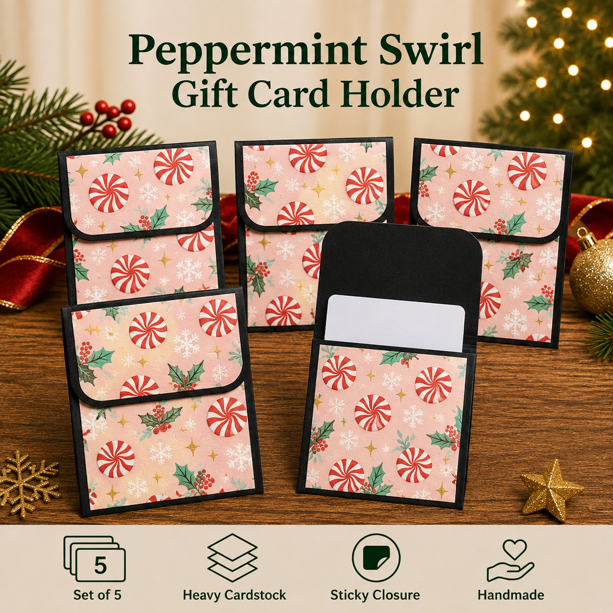 Five peppermint swirl gift card holders arranged on a wooden surface with holiday decorations. The holders have a light pink background with red peppermint candies, green holly leaves, and white snowflakes, plus black borders and a black sticky closure flap.