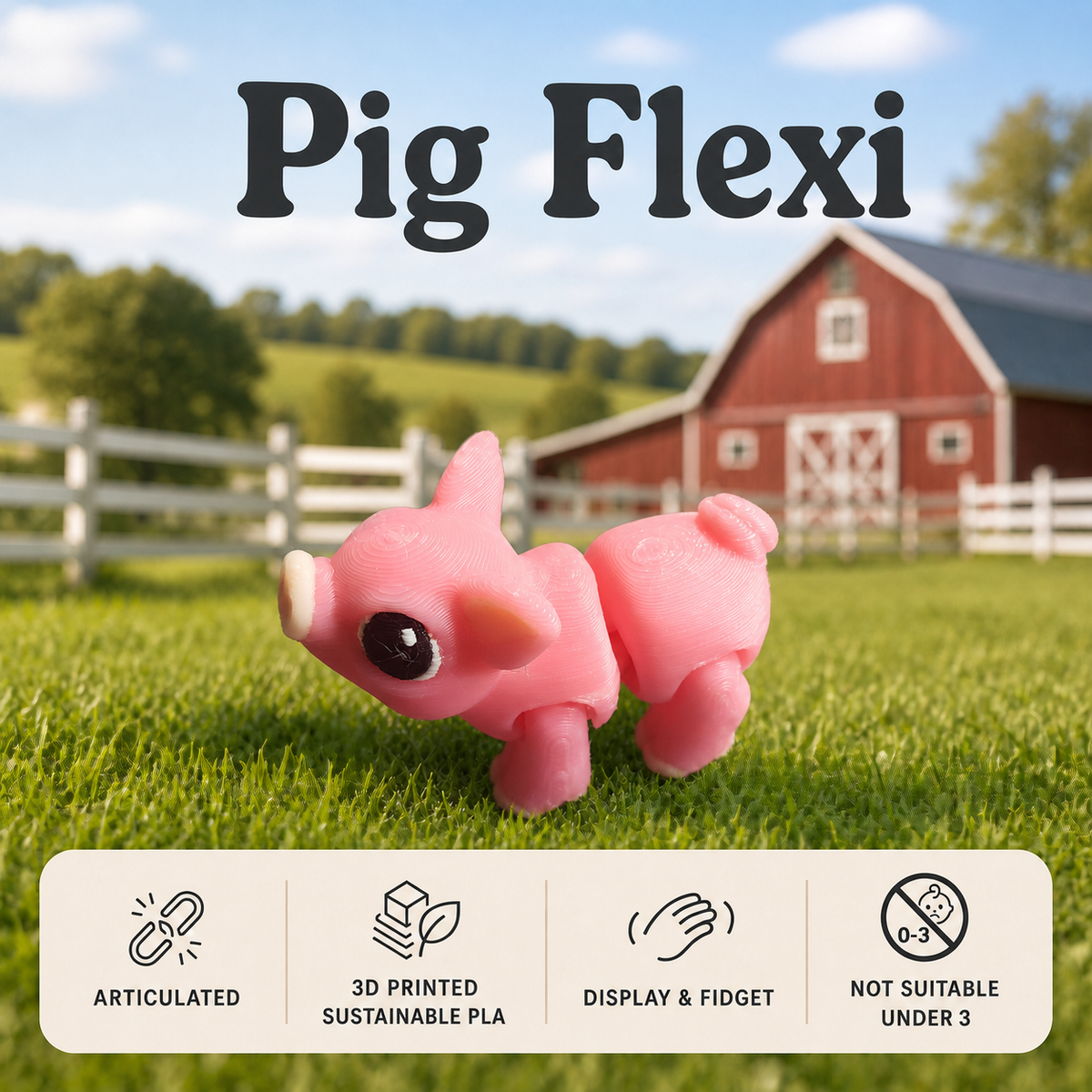 A pink articulated pig toy standing on a grassy field with a blurred red barn and white fence in the background. Large text at the top reads 'Pig Flexi,' and a beige info panel at the bottom lists features: articulated, 3D printed sustainable PLA, display & fidget, and not suitable under 3.