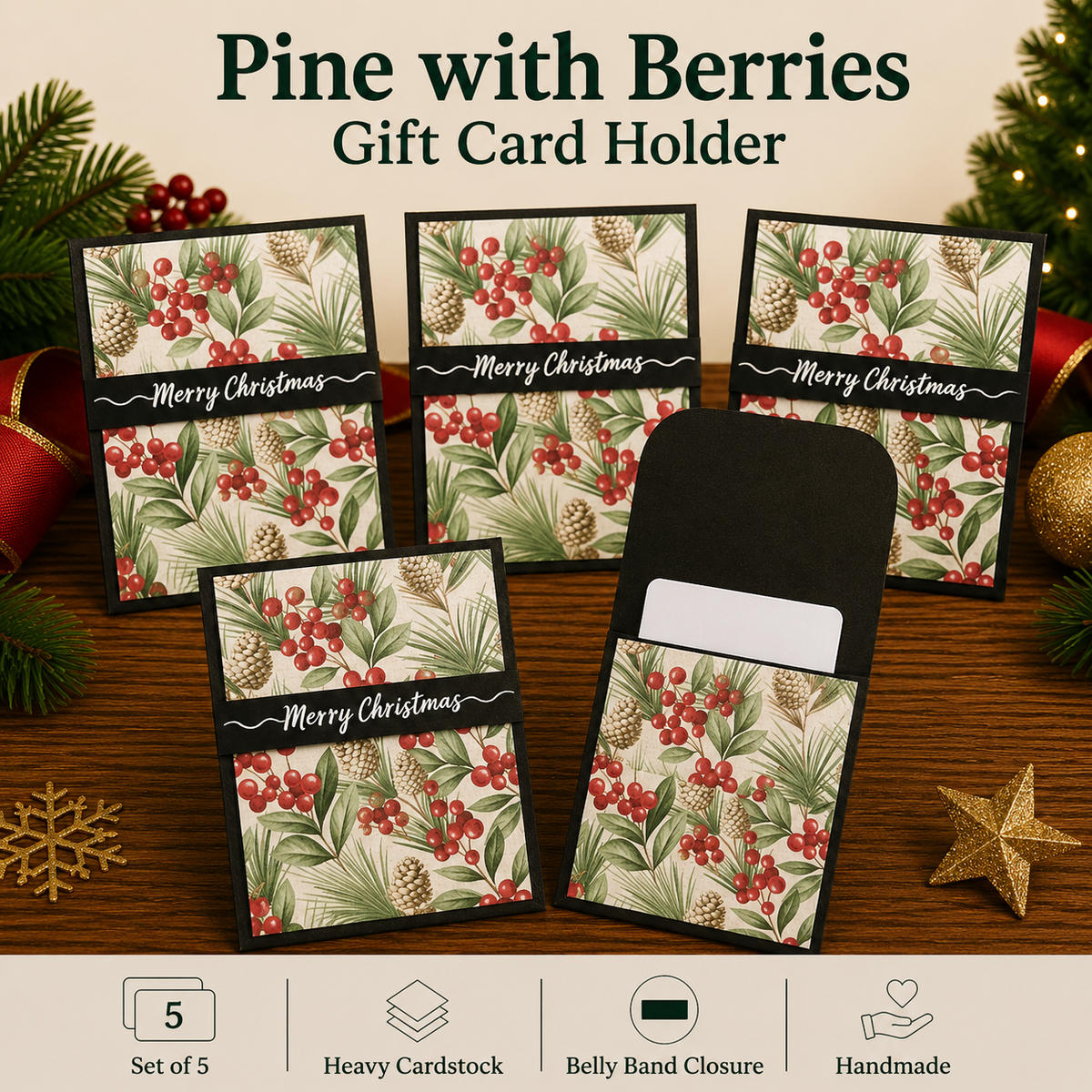 Five Christmas-themed gift card holders made of heavy cardstock with a pine and berry pattern, displayed on a wooden surface with holiday decorations. One holder is shown open to reveal a black belly band closure and a white card slot.