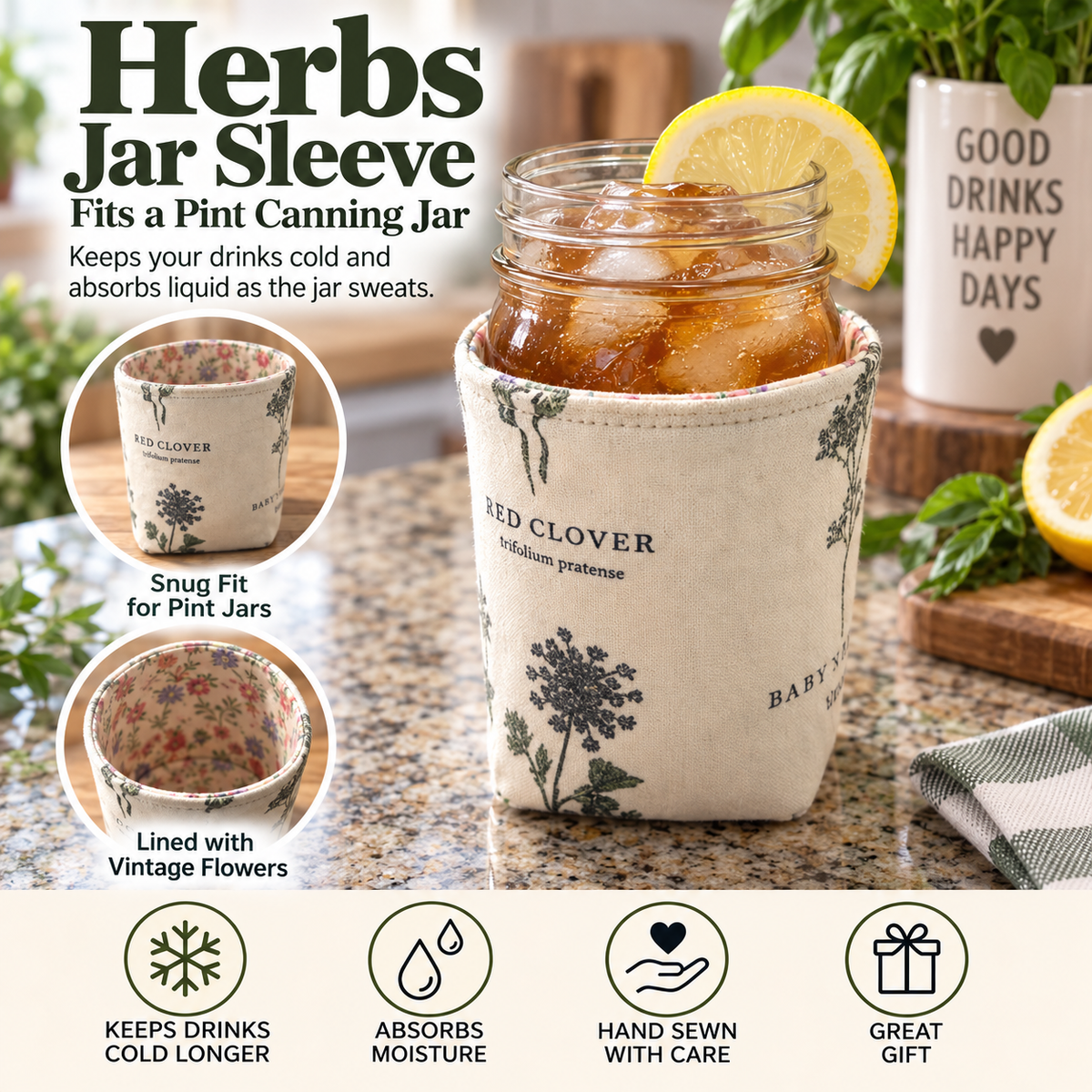 A beige fabric jar sleeve with dark floral print and the words 'Red Clover' and 'Babylonian proteus' shown around a pint canning jar filled with iced tea and a lemon slice. The image includes marketing text, circular inset detail photos, and feature icons on a kitchen countertop background.