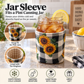 A jar sleeve with a sunflower and black-and-white buffalo plaid pattern, shown wrapped around a pint canning jar filled with iced tea on a kitchen countertop. The image includes text overlays describing the product, circular inset images showing the sunflower exterior and tan lining, and feature icons at the bottom.