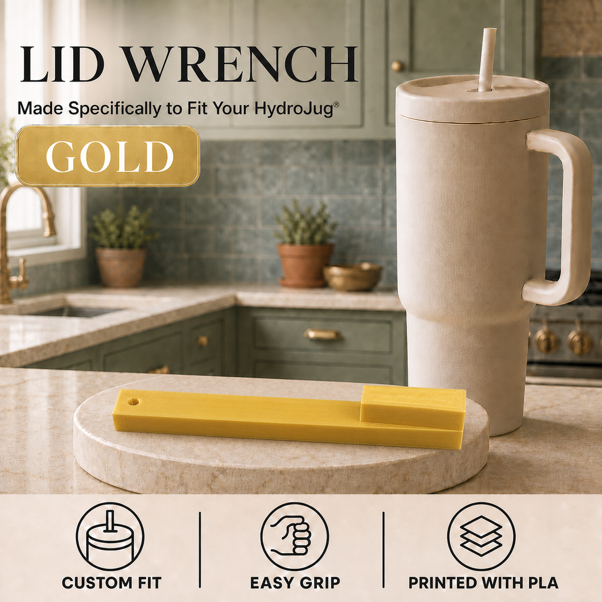 A gold lid wrench tool displayed on a round stone coaster in a kitchen setting, next to a beige HydroJug travel tumbler with a straw. The image includes text overlays reading 'LID WRENCH', 'Made Specifically to Fit Your HydroJug', 'GOLD', and feature icons at the bottom.