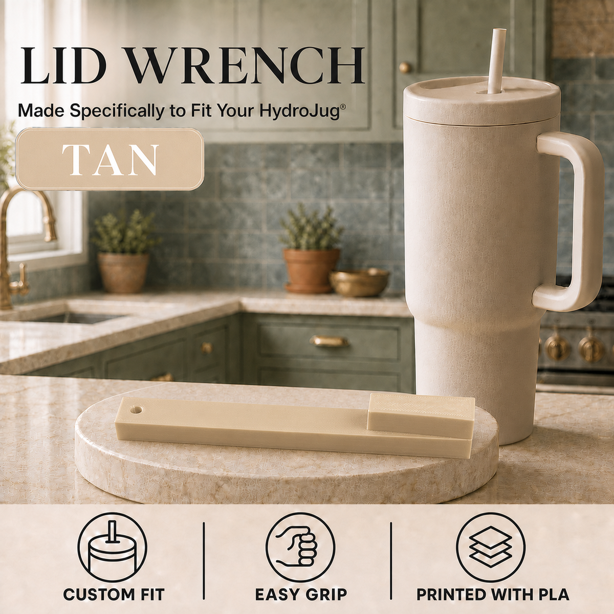 A tan lid wrench tool displayed on a marble cutting board next to a matching textured beige HydroJug travel tumbler with a straw in a kitchen setting. The image includes text overlays describing the product and feature icons at the bottom.