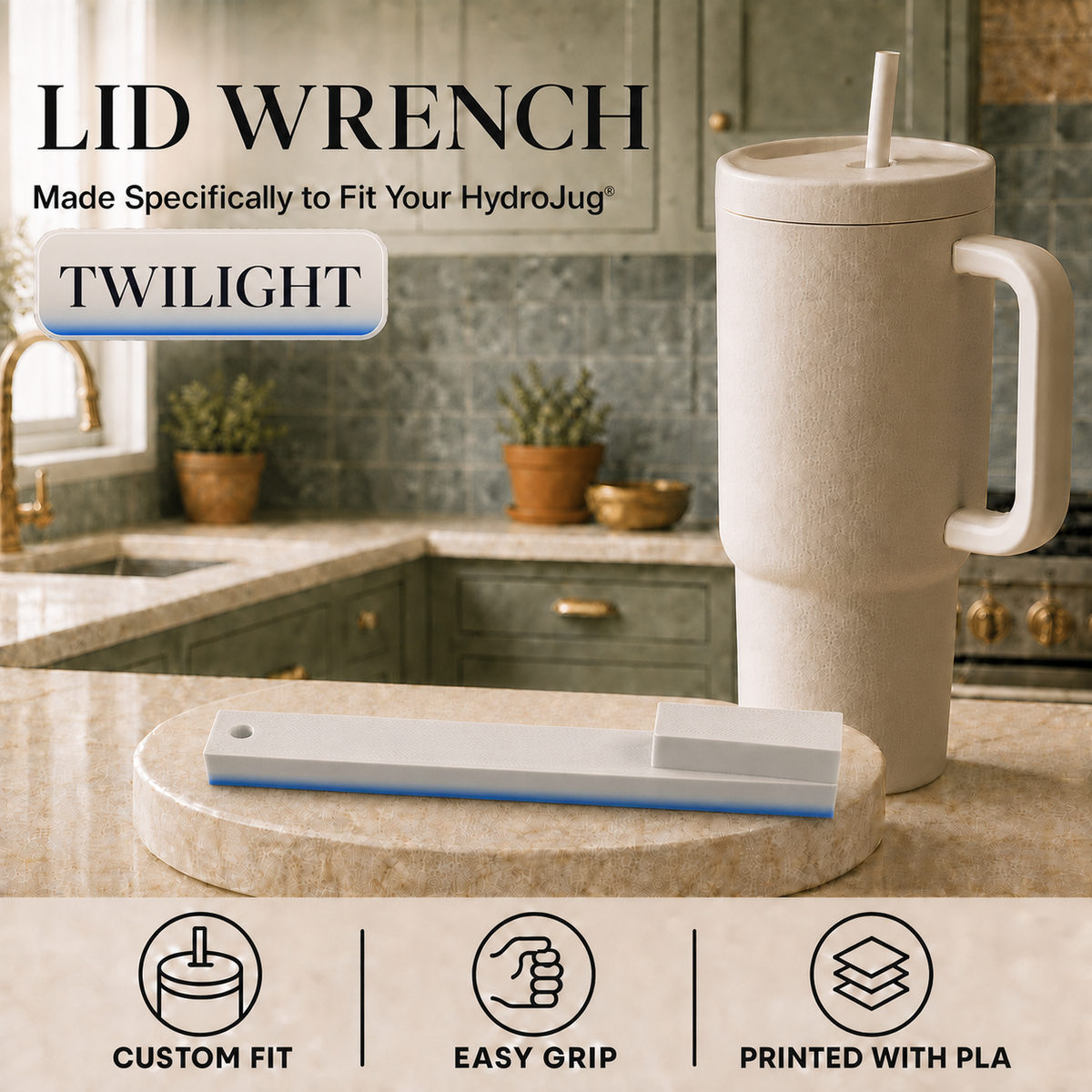 A lid wrench tool for HydroJug tumblers is shown in a kitchen setting next to a textured light gray HydroJug tumbler. The wrench is a slim rectangular tool with a blue accent strip.