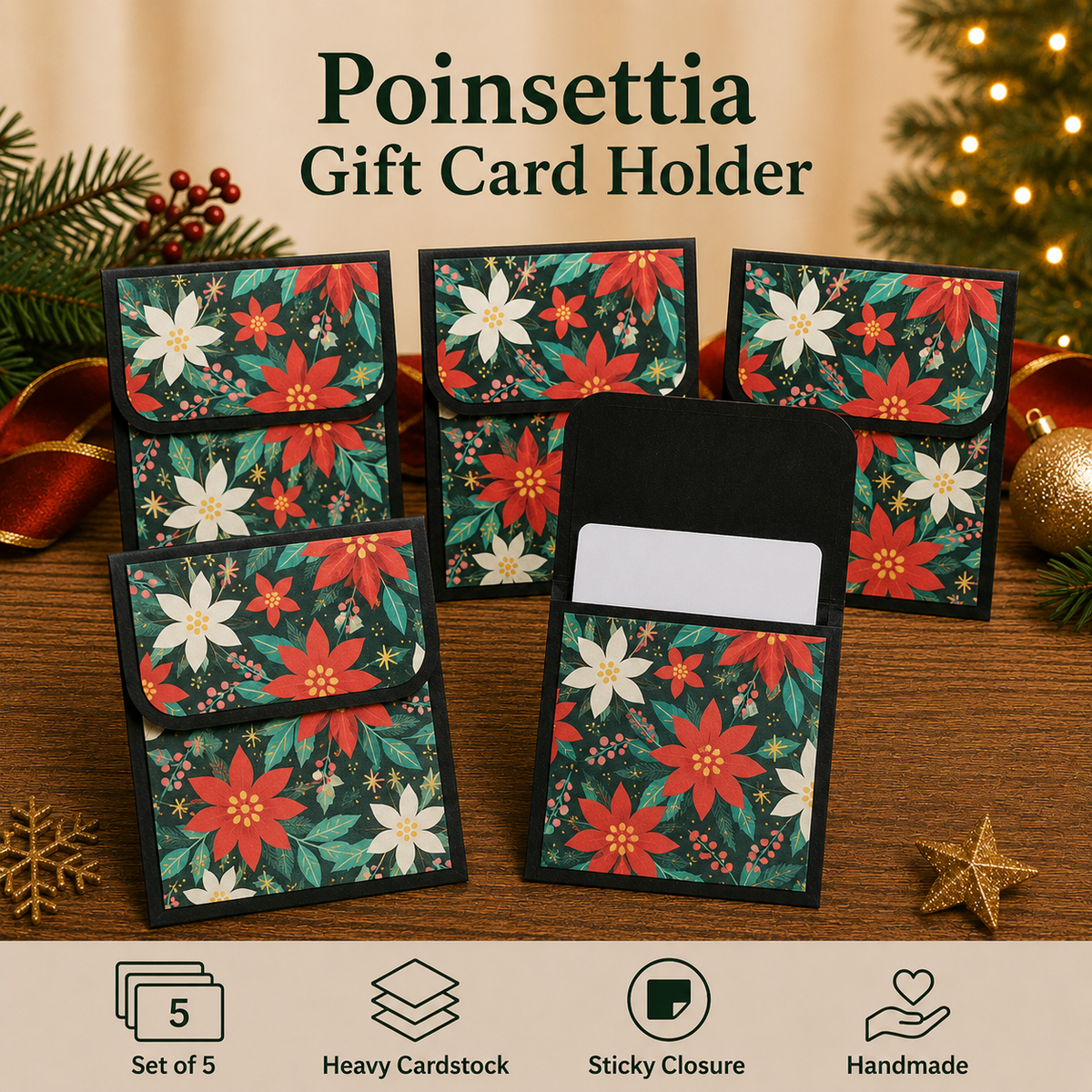 Five poinsettia-patterned gift card holders arranged on a wooden surface with holiday decorations in the background. The text at the top reads 'Poinsettia Gift Card Holder,' and feature icons along the bottom mention a set of 5, heavy cardstock, sticky closure, and handmade quality.