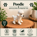 A white articulated poodle toy displayed on a round wood slice coaster, with decorative plants in the background. The image features text overlays including 'Poodle ARTICULATED 3D PRINTED TOY', 'MADE WITH PLA', and feature icons at the bottom.