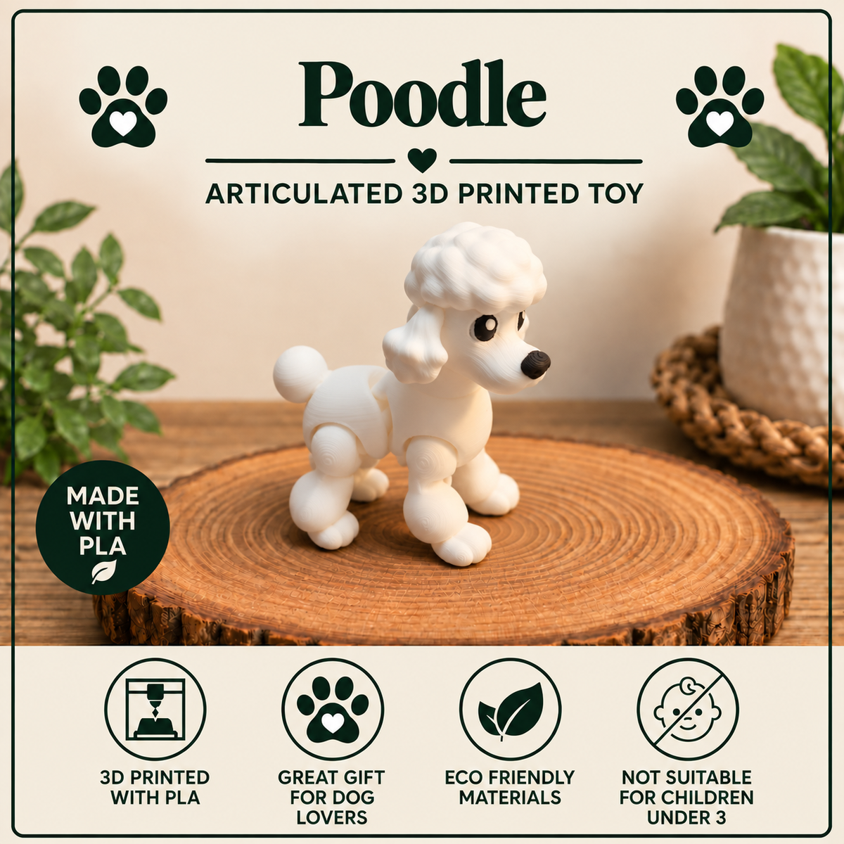 A white articulated poodle toy displayed on a round wood slice coaster, with decorative plants in the background. The image features text overlays including 'Poodle ARTICULATED 3D PRINTED TOY', 'MADE WITH PLA', and feature icons at the bottom.