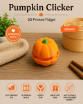 An orange 3D-printed pumpkin-shaped fidget toy shown on a wooden tabletop with decorative props, plus text reading 'Pumpkin Clicker' and '3D Printed Fidget' with an 'ORANGE' label and feature icons along the bottom.