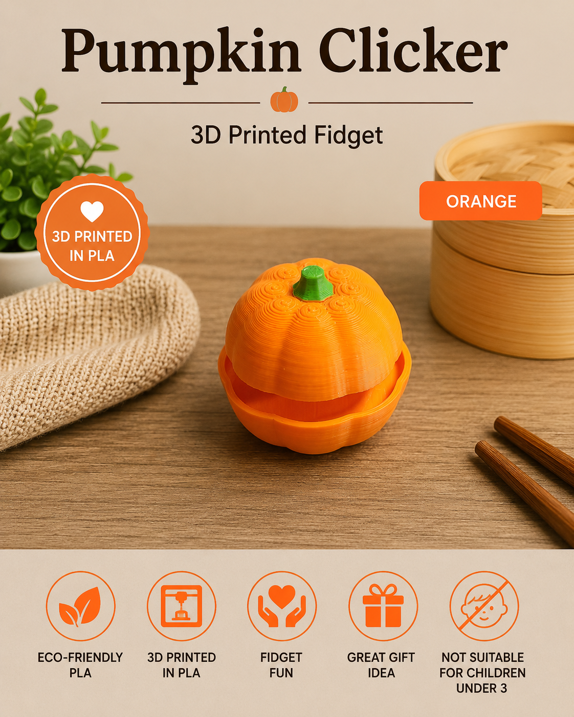 An orange 3D-printed pumpkin-shaped fidget toy shown on a wooden tabletop with decorative props, plus text reading 'Pumpkin Clicker' and '3D Printed Fidget' with an 'ORANGE' label and feature icons along the bottom.