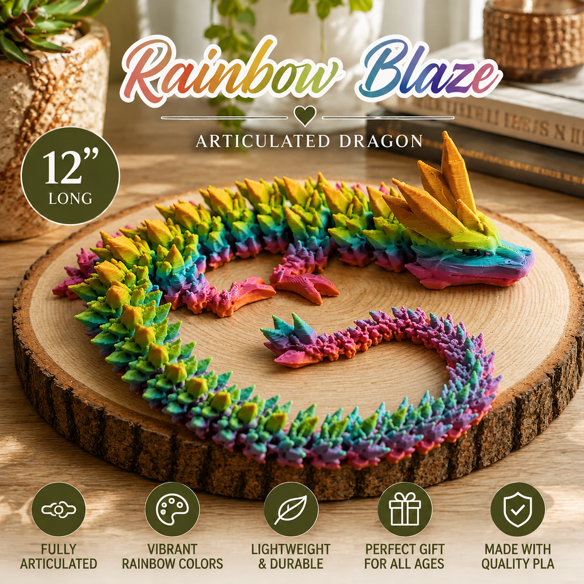 12 inch 3D printed articulated dragon in Rainbow Blaze orange, pink, purple, green and goldenrod colors displayed on a rustic wood slice