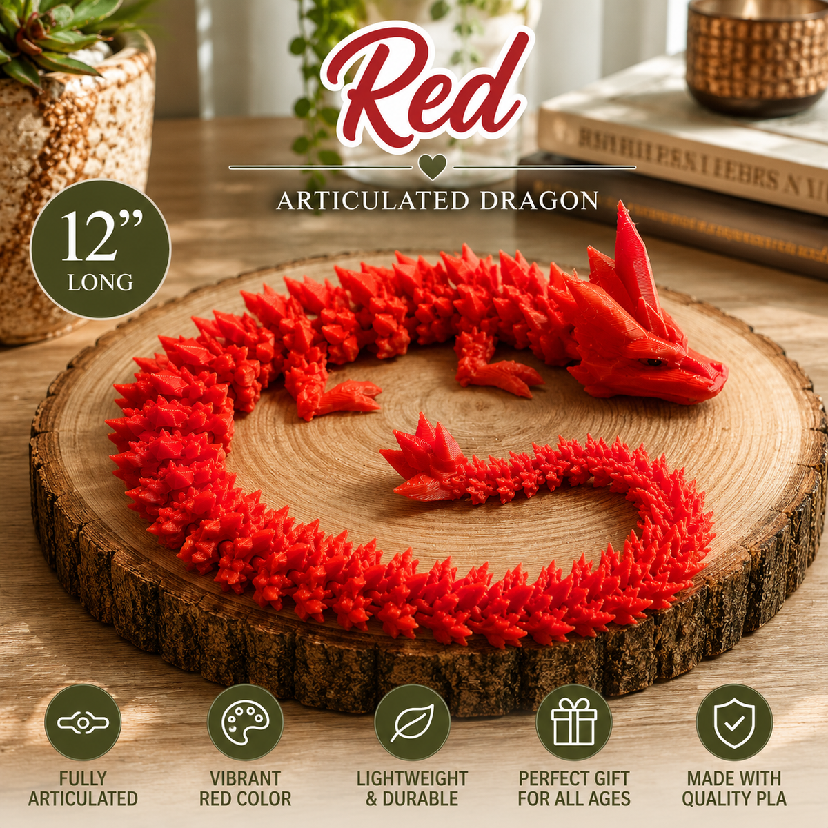 A bright red articulated dragon toy displayed on a round wood slice coaster, with decorative books and a plant in the background. The image includes text overlays reading 'Red', 'Articulated Dragon', '12" LONG', and feature icons for fully articulated, vibrant color, lightweight and durable, perfect gift, and made with quality PLA.