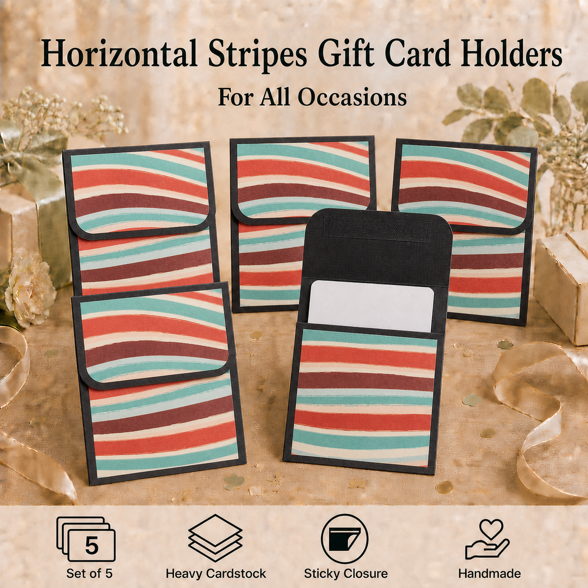 Five horizontal stripes gift card holders arranged on a beige tabletop with decorative ribbons and gift boxes. The holders have alternating red, teal, and brown stripes with black borders and a black flap.