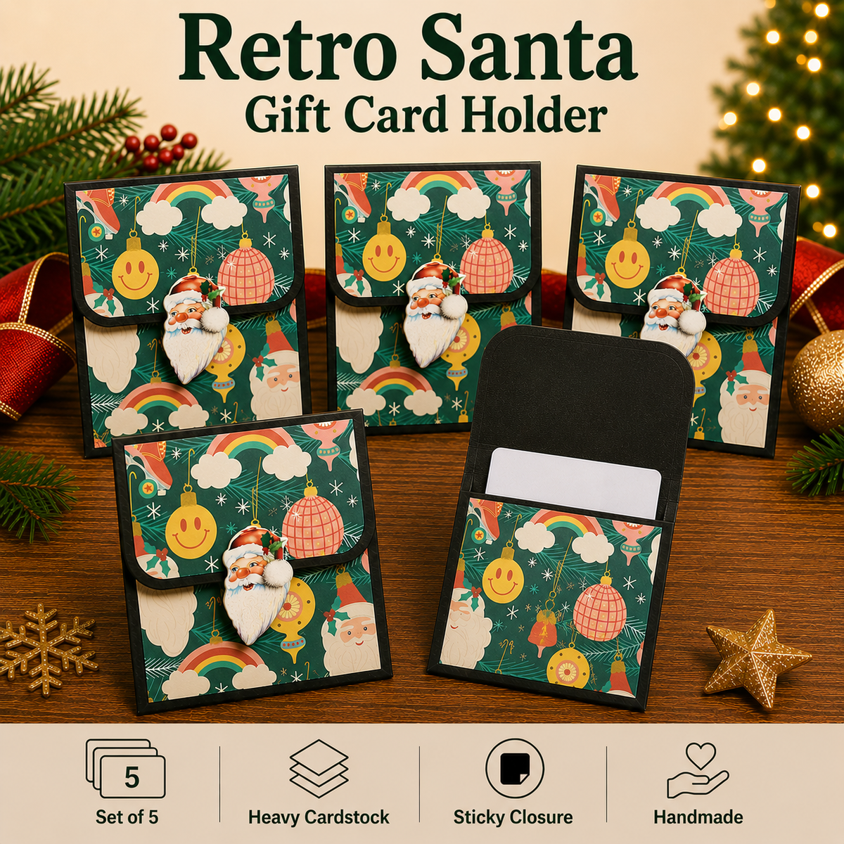 Five Santa-themed gift card holders arranged on a wooden surface with holiday decorations. The holders feature a festive green pattern with Santa, snowflakes, ornaments, and rainbows, plus small Santa charms.