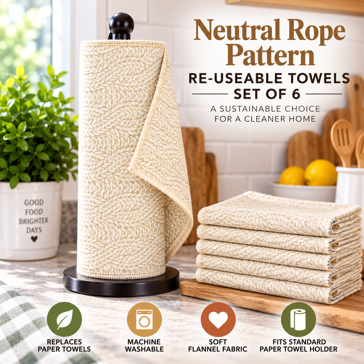 A set of six reusable paper towels in a neutral rope pattern, shown with a roll on a black stand and a stack of folded towels on a kitchen counter. The image includes text overlays describing the product and icons indicating its features.