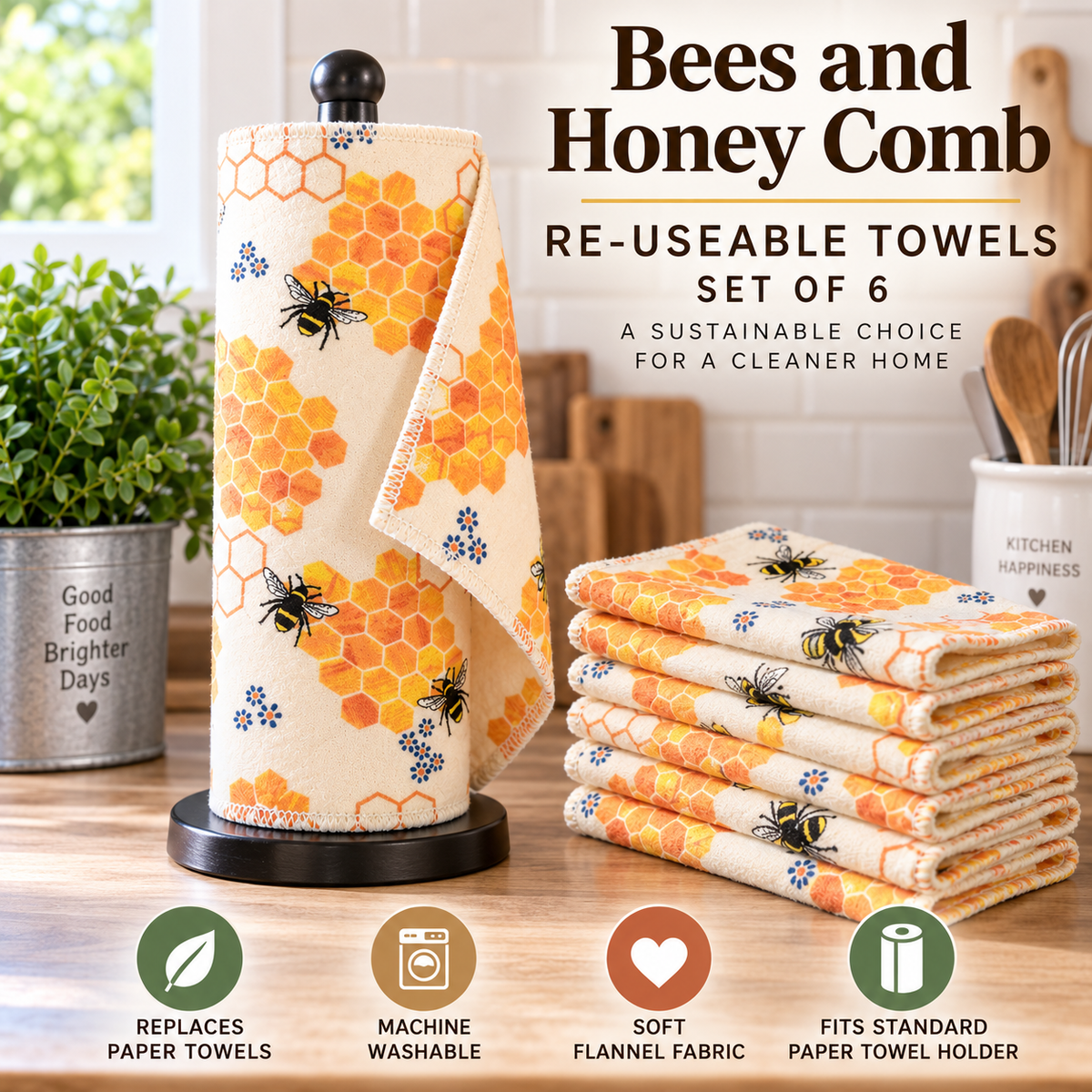 Bees and Honey Comb reusable paper towels set of 6 in a kitchen setting, featuring a roll of beige flannel towels with Honey Bee prints and a stack of six matching folded towels on a wooden board. The image includes text overlays and feature icons.