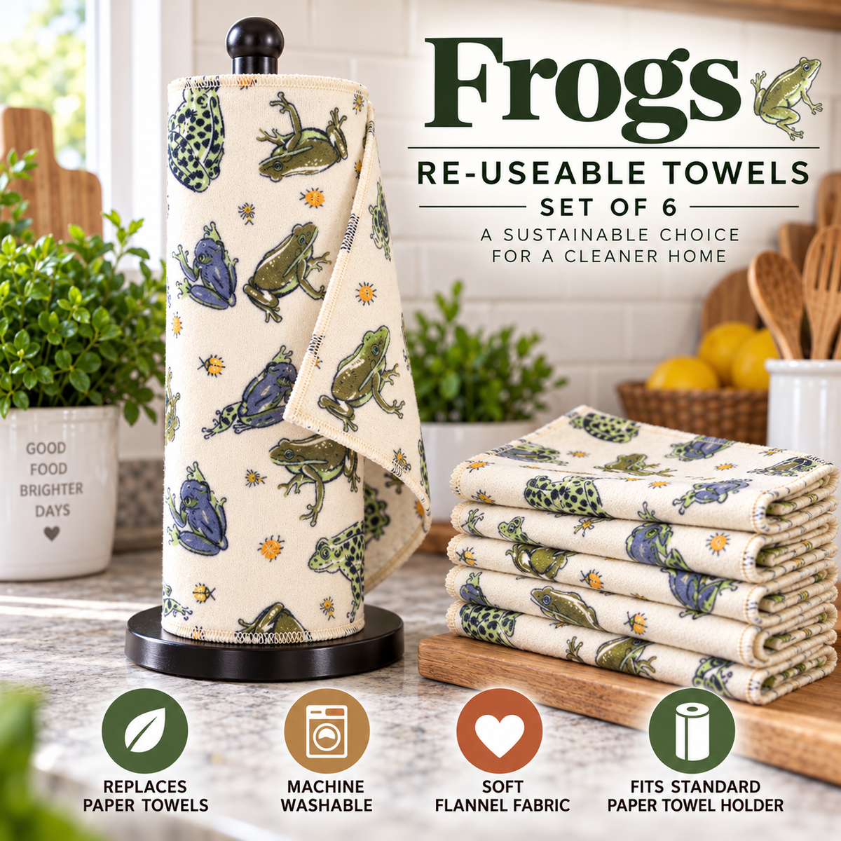 Frog reusable paper towels set of 6 in a kitchen setting, featuring a roll of beige flannel towels with Frog prints and a stack of six matching folded towels on a wooden board. The image includes text overlays and feature icons.