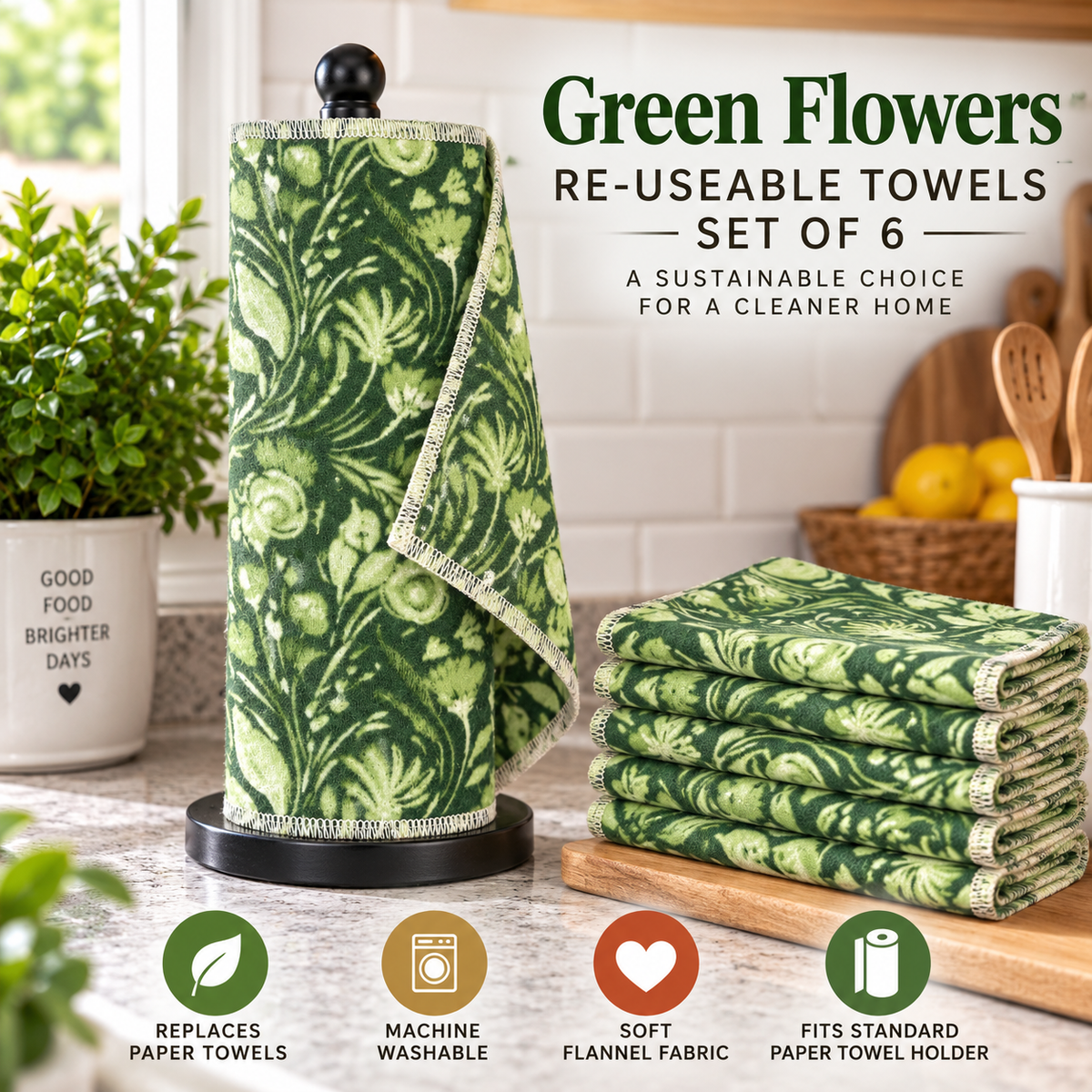 Six reusable paper towels in a green and light green floral swirl pattern, shown with a black paper towel holder on a kitchen counter next to a stack of five towels. The image includes text overlays and icons indicating product features.