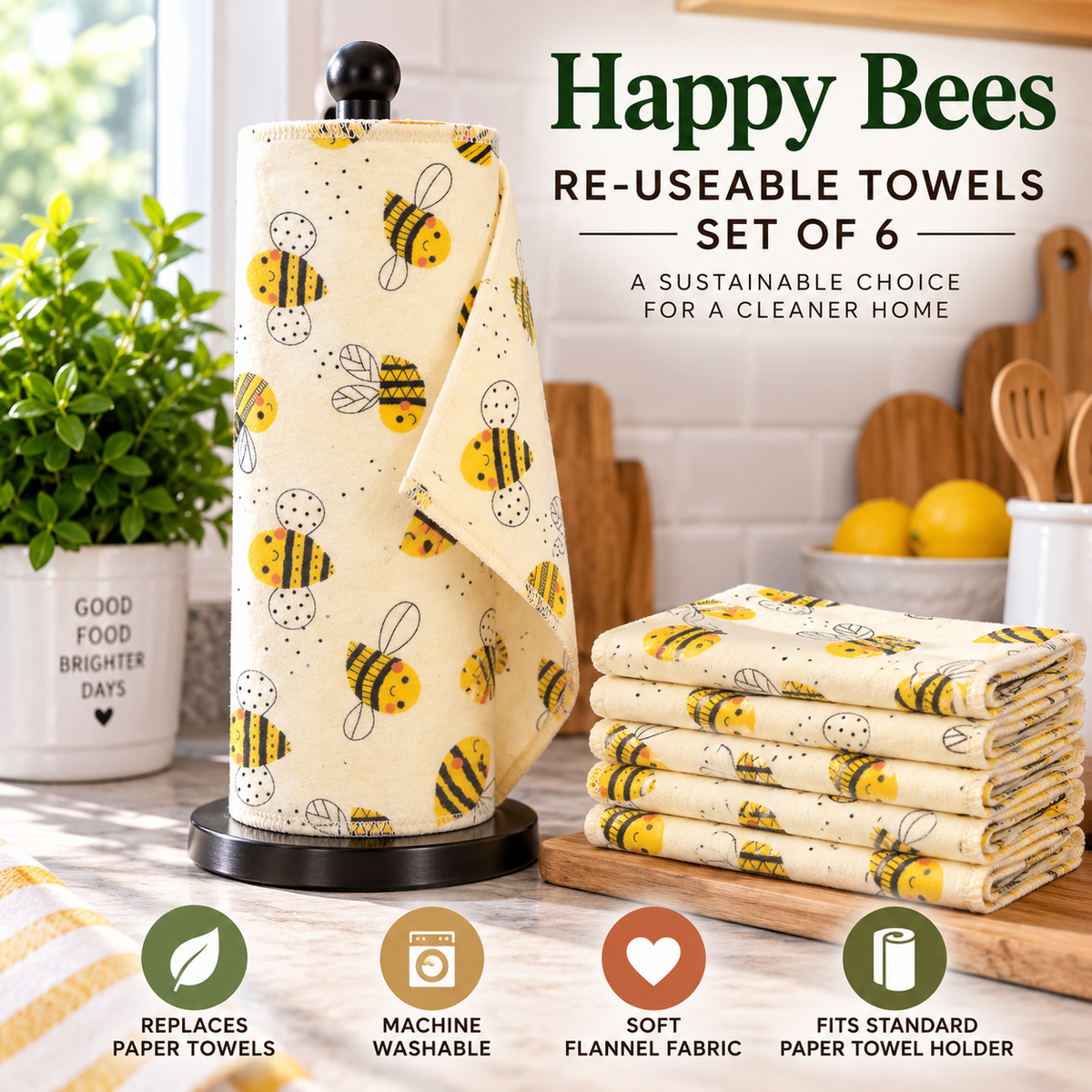 Happy Bee reusable paper towels set of 6 in a kitchen setting, featuring a roll of beige flannel towels with green botanical Cartoonish bee prints and a stack of six matching folded towels on a wooden board. The image includes text overlays and feature icons.