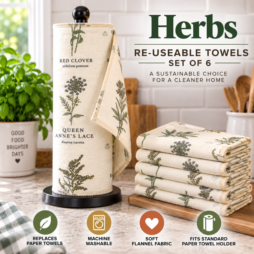 Herbs reusable paper towels set of 6 in a kitchen setting, featuring a roll of beige flannel towels with green botanical prints and a stack of six matching folded towels on a wooden board. The image includes text overlays and feature icons.
