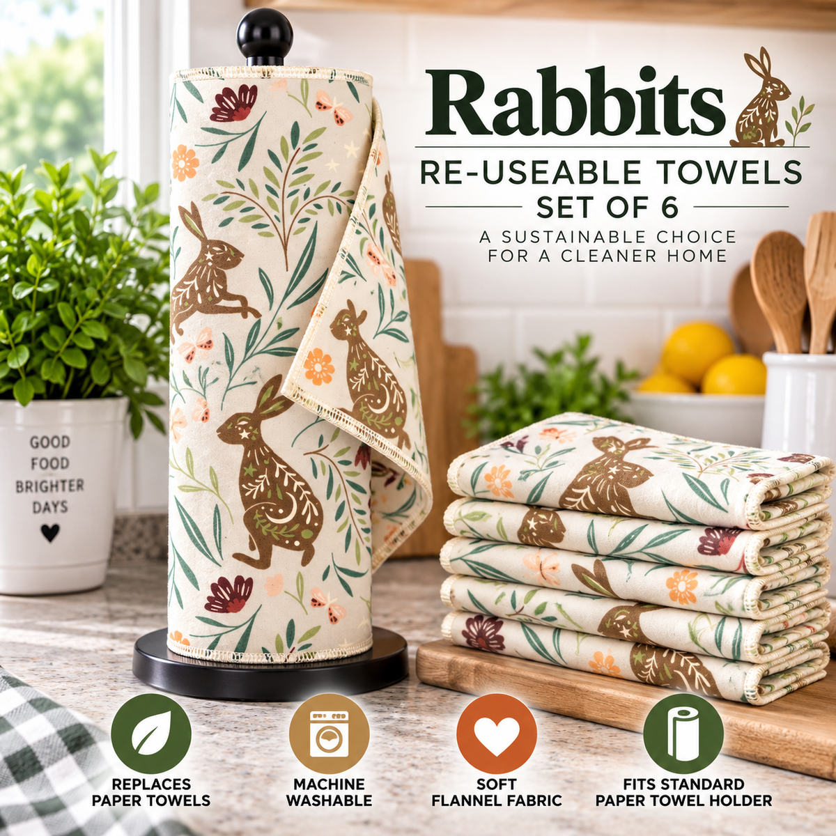 A set of six reusable paper towels in a roll and folded stack, featuring a cream-colored flannel fabric with a brown rabbit and floral pattern. The towels are displayed on a kitchen counter alongside a black paper towel holder, with decorative background elements including a potted plant, wooden cutting board, and lemons.