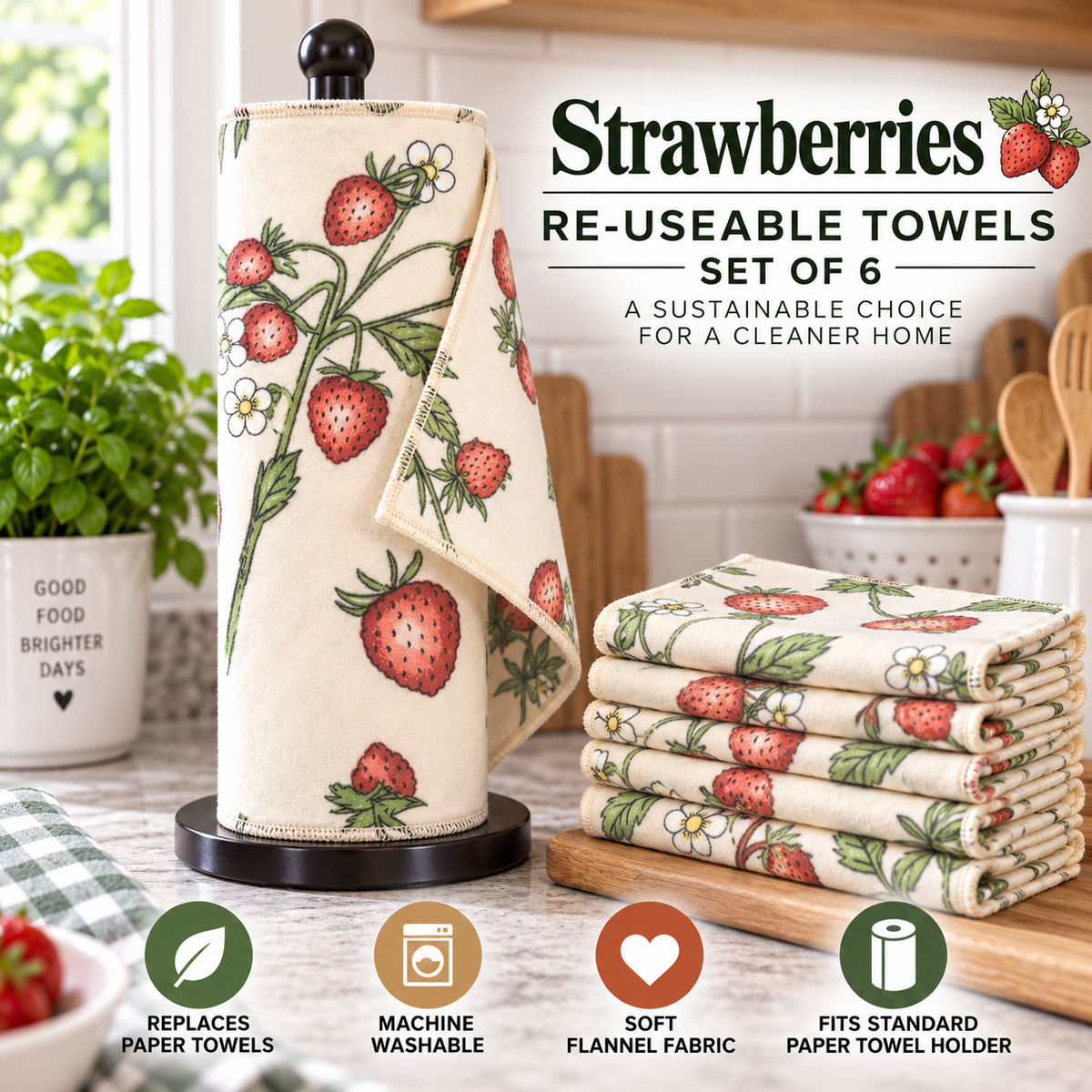 A set of six reusable paper towels printed with a strawberry and cream pattern, shown on a black paper towel holder on a kitchen counter next to a stack of folded towels. The image includes text overlays describing the product and its benefits.