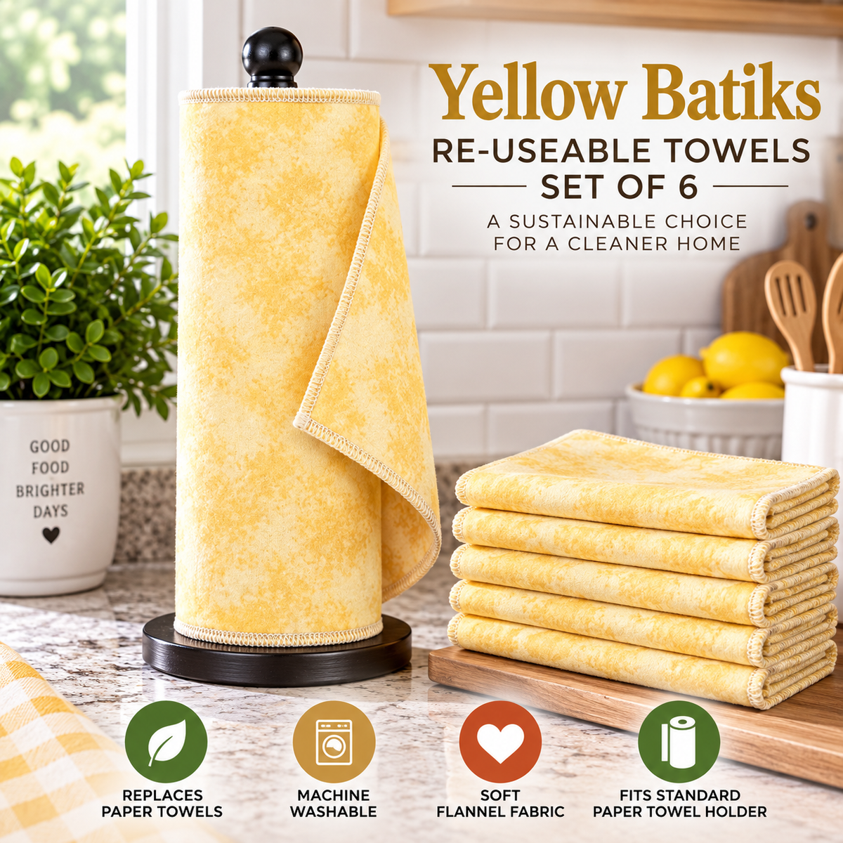 Yellow Batik reusable paper towels set of 6, shown with one roll on a black holder and five folded towels stacked on a wooden board in a kitchen setting. Text highlights the product name and sustainability, with feature icons below.