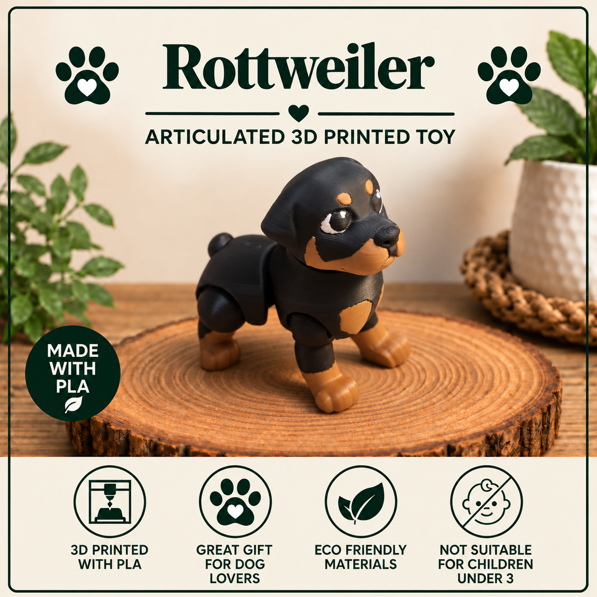 Rottweiler Flexi toy standing on a wood round  that is placed on a table with a few green plants