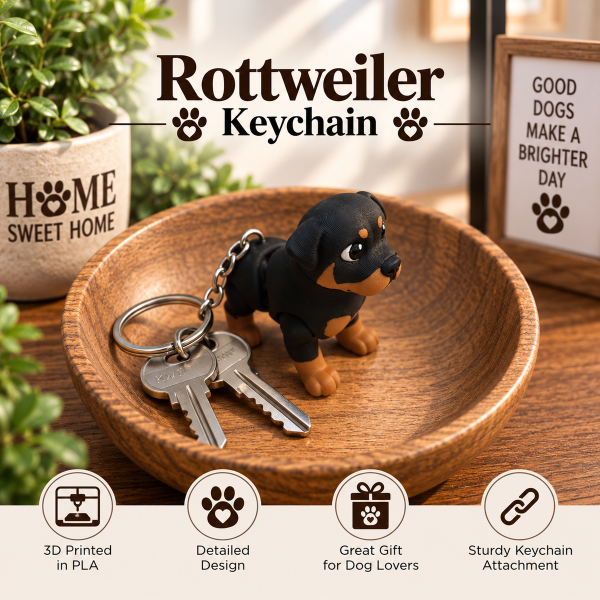 A Rottweiler-shaped keychain displayed on a wooden bowl with two keys, surrounded by decorative home props and text overlays reading 'Rottweiler Keychain' with feature icons below.