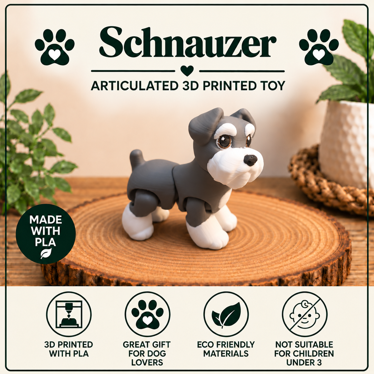 A gray and white 3D-printed articulated dog toy labeled 'Schnauzer' displayed on a round wood slice. The image includes marketing text, paw print icons, and feature badges on a clean, light background with decorative plants.