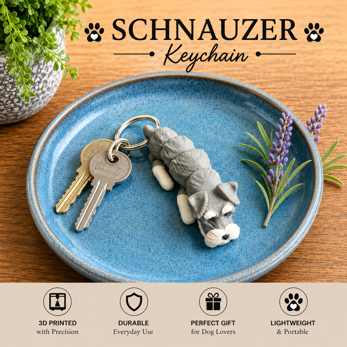 A 3D-printed gray Schauzer dog keychain resting on a blue ceramic plate with two keys, set on a wooden table with decorative plants and text overlays.