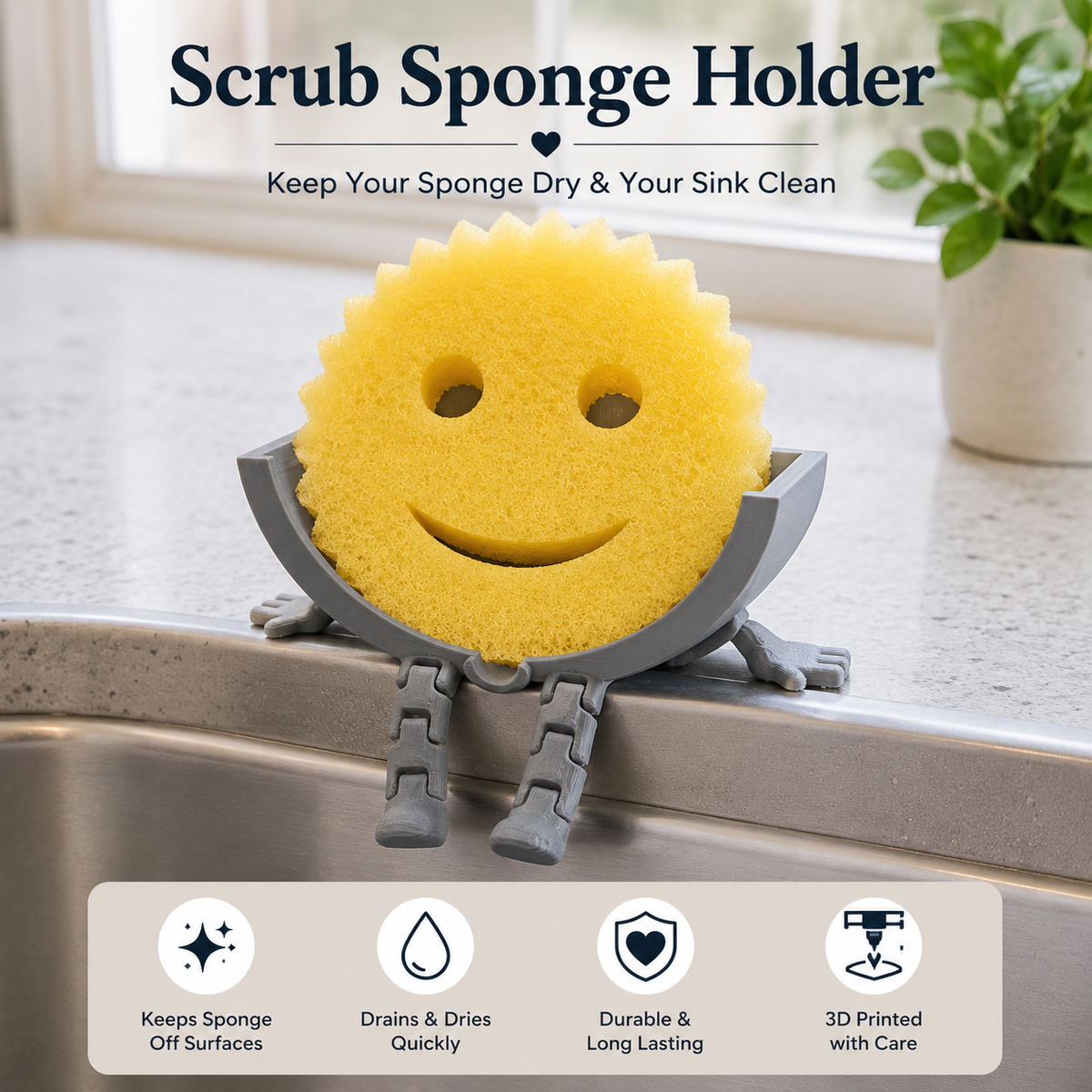 A yellow smiley-face sponge held in a gray plastic holder with legs, shown on a kitchen sink counter with text reading 'Scrub Sponge Holder' and feature icons along the bottom.