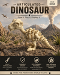 An articulated bone dinosaur toy posed on a rocky prehistoric landscape background with mountains and a volcano. The image includes marketing text reading 'ARTICULATED DINOSAUR,' 'Pose it.