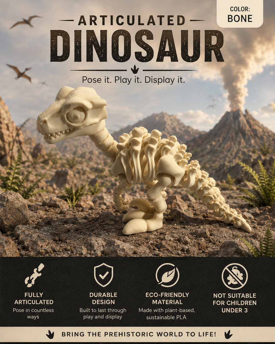 An articulated bone dinosaur toy posed on a rocky prehistoric landscape background with mountains and a volcano. The image includes marketing text reading 'ARTICULATED DINOSAUR,' 'Pose it.