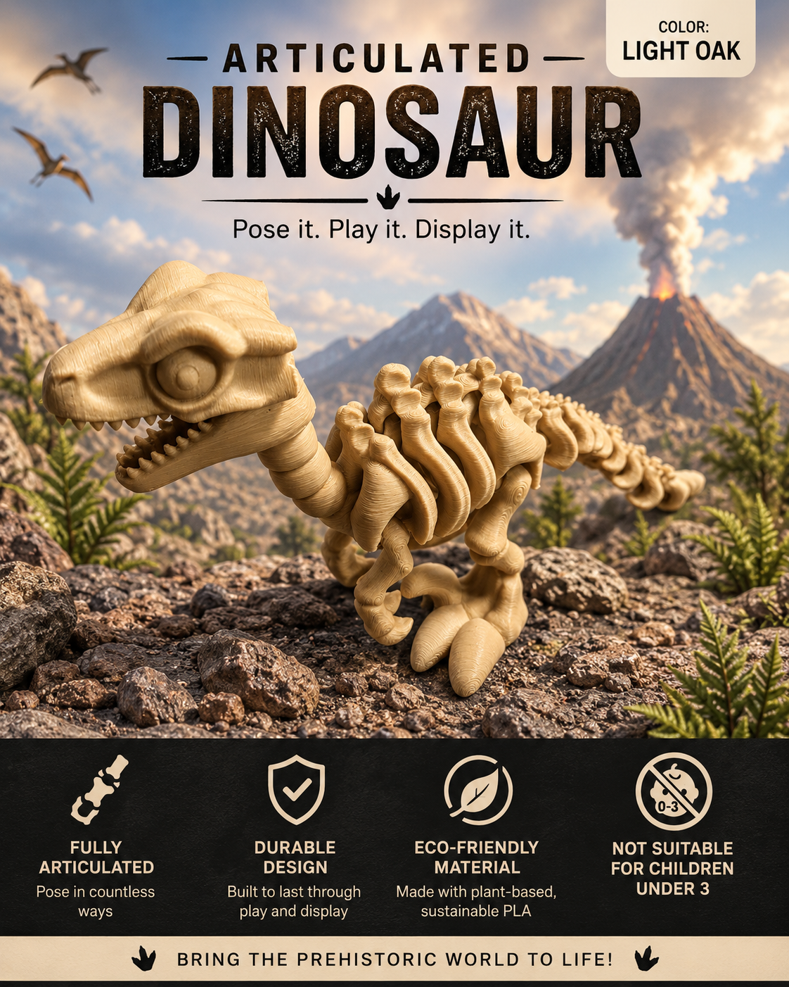 A light oak articulated dinosaur skeleton toy posed on rocky ground in front of a prehistoric landscape with mountains, trees, and an erupting volcano. Large text at the top reads 'ARTICULATED DINOSAUR' with smaller copy below, and a badge says 'COLOR: LIGHT OAK.