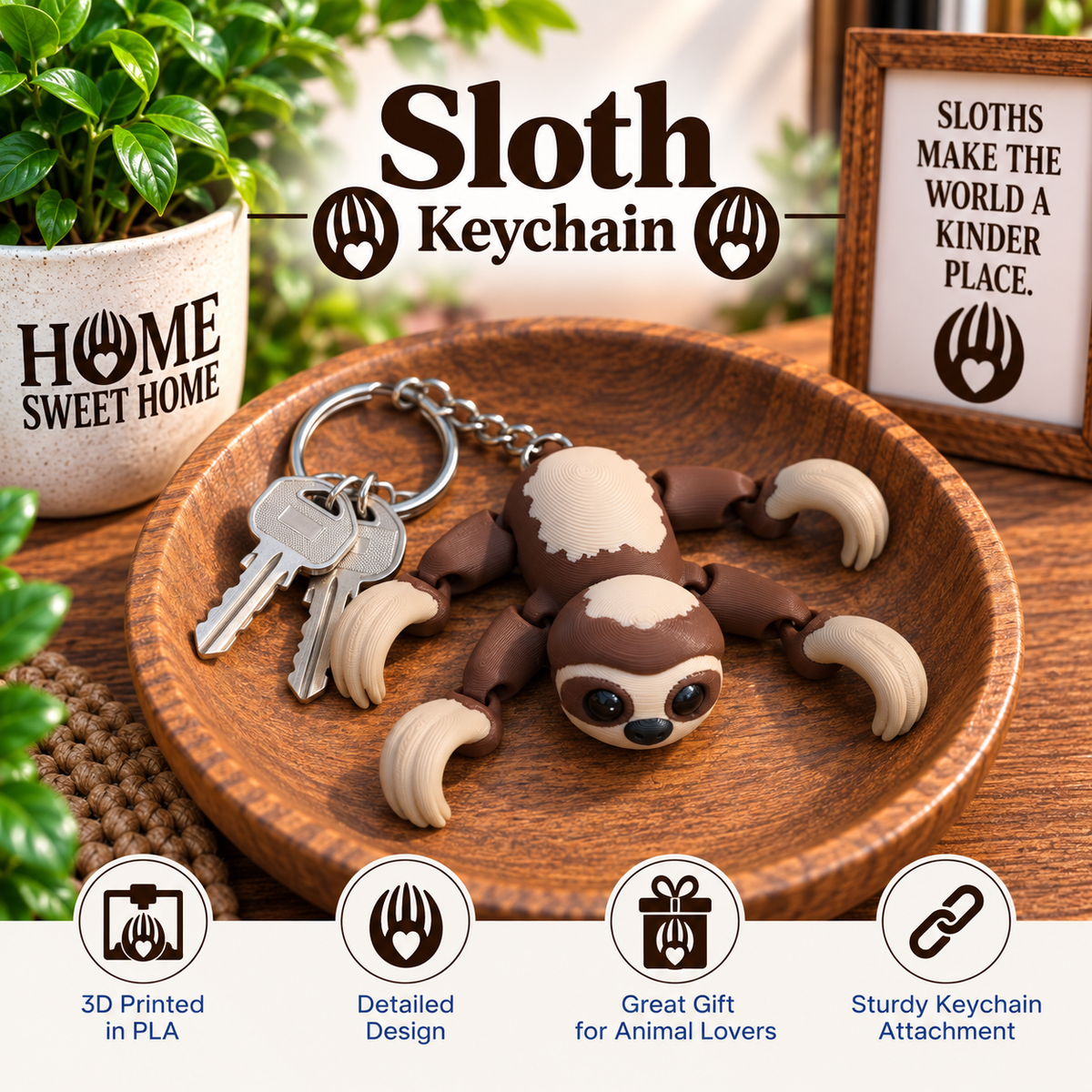 A sloth-shaped keychain displayed on a wooden tray, attached to metal keys. The keychain features a 3D sloth figure with brown and cream coloring and four curved claws.